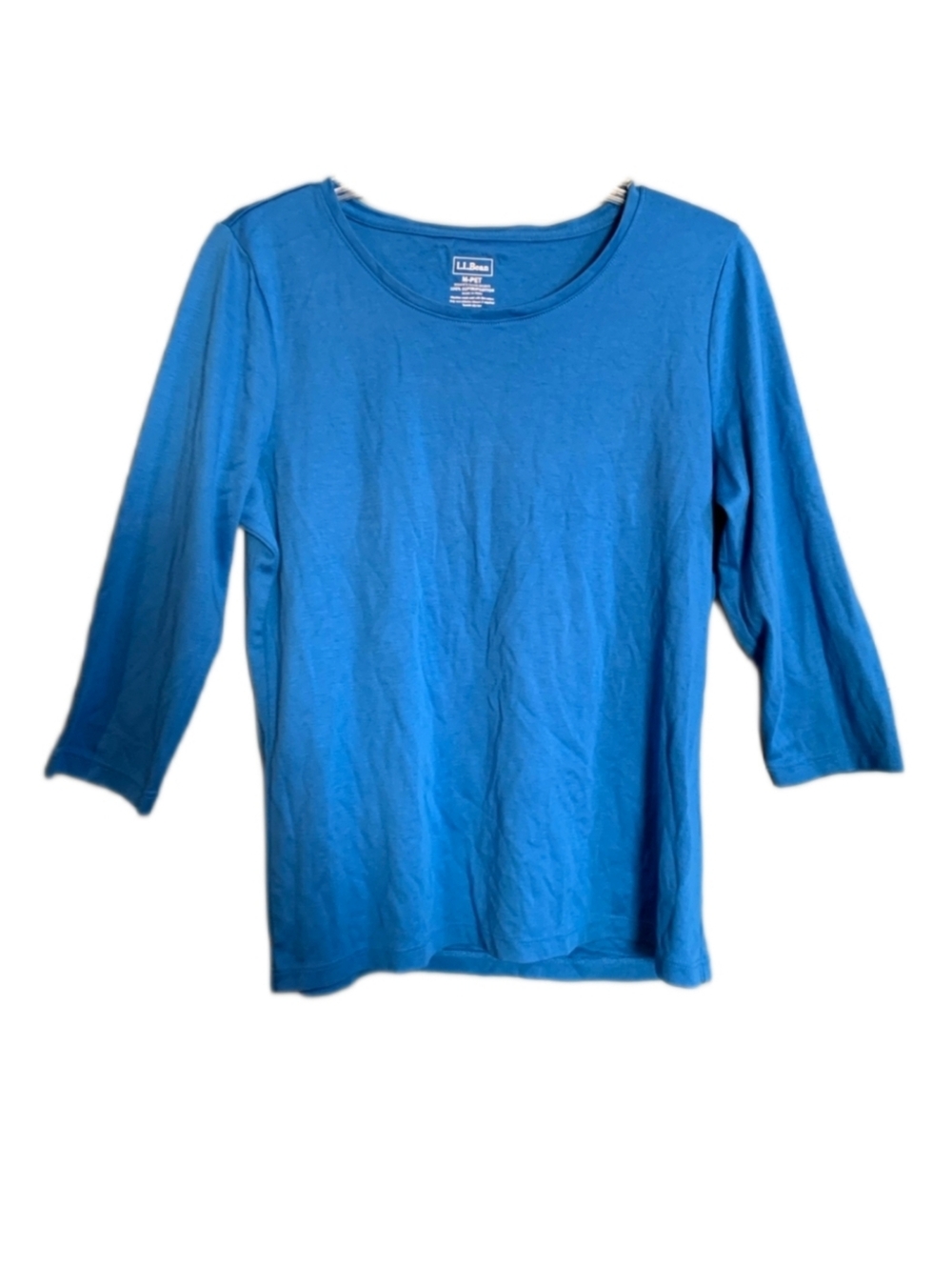 L.L Bean Women's Medium Petite Blue Shirt 3/4 Sleeve Basic Supima Cotton Modest